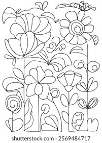 Black and white flower pattern for adult coloring book. Doodle floral drawing. Art therapy coloring page. For adults and kids
