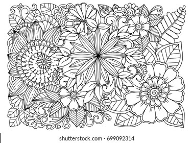 Black and white flower pattern for adult coloring book. Doodle floral drawing. Art therapy coloring page. 