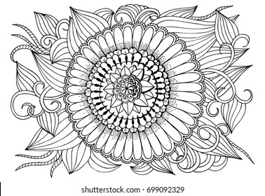 Black and white flower pattern for adult coloring book. Doodle floral drawing. Art therapy coloring page. 