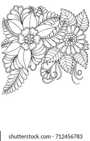 Black and white flower pattern for adult coloring book. Doodle floral drawing. Art therapy coloring page. 