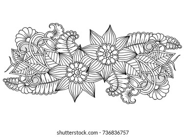 Black and white flower pattern for adult coloring book. Doodle floral drawing. Art therapy coloring page. 