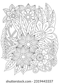 Patrón de flores en blanco y negro para colorear. Dibujo floral de Doodle. Flores en blanco y negro. Dibujo de Doodle para el libro de colorear. Páginas para adultos y niños.