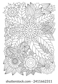 Black and white flower pattern for coloring. Doodle floral drawing.  For adult and kids. Doodle floral drawing. Art therapy coloring page.