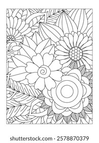 Black and white flower pattern for coloring. Doodle floral drawing. For adult and kids. Doodle floral drawing. Art therapy coloring page.