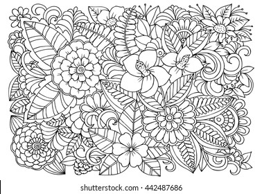 Black and white flower pattern for coloring. Doodle floral drawing. Art therapy coloring page. Relaxing for all ages. For adult and kids