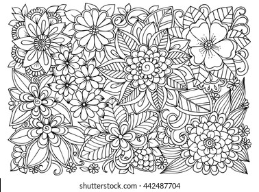 Black and white flower pattern for coloring. Doodle floral drawing. Art therapy coloring page. Relaxing for all ages. For adult and kids