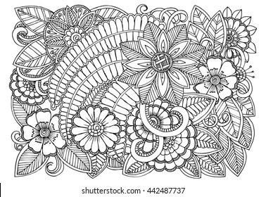Black and white flower pattern for coloring. Doodle floral drawing. Art therapy coloring page. Relaxing for all ages. For adult and kids