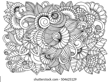 Black and white flower pattern for coloring. Doodle floral drawing. Art therapy coloring page. Relaxing for all ages. For adults and kids