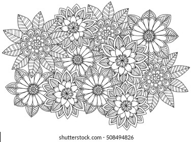 Black and white flower pattern for coloring. Doodle floral drawing. Art therapy coloring page. 