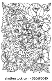 Black and white flower pattern for coloring. Doodle floral drawing. Art therapy coloring page. 