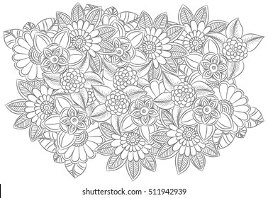 Black and white flower pattern for coloring. Doodle floral drawing. Art therapy coloring page. 