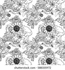 Black and white flower pattern for coloring. Endless floral drawing doodle Art therapy coloring page. Coloring book page, anti stress for adults. Vector.