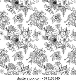 Black and white flower pattern for coloring. Endless floral drawing doodle Art therapy coloring page. Coloring book page, anti stress for adults. Vector.