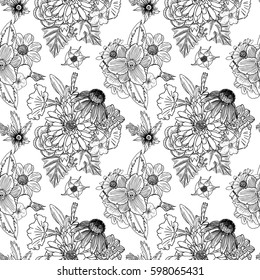 Black and white flower pattern for coloring. Endless floral drawing doodle Art therapy coloring page. Coloring book page, anti stress for adults. Vector.