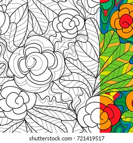 Black and white flower pattern for coloring book. Vector seamless background