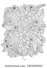 Black and white flower pattern for coloring.Doodle floral image for coloring book and designs ideas. Art therapy coloring page. Relaxing for all ages. For adult and kids