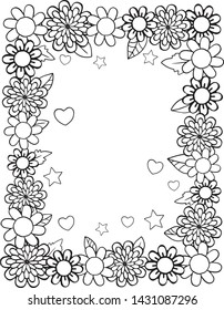 Black and white flower pattern. Doodle floral frame with place for text, coloring book or background decorative. Relaxation for adults and kids. Vector Illustration.