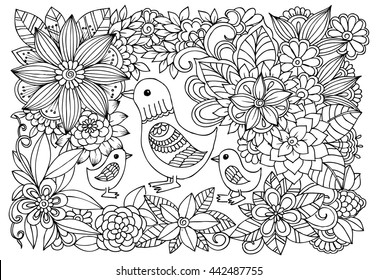 Black White Flower Pattern Ducks Coloring Stock Vector (Royalty Free ...