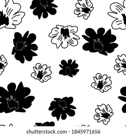 black and white flower pattern. Floral seamless pattern. Infinite vector drawing with black and white flowers. print for wallpaper, textile, bedding.