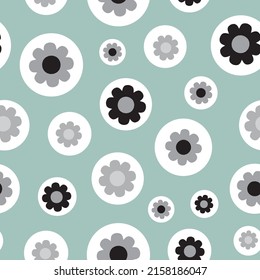 puntos de polka de flores blancas y negras sobre el patrón vectorial repetitivo ininterrumpido azul de Tiffany