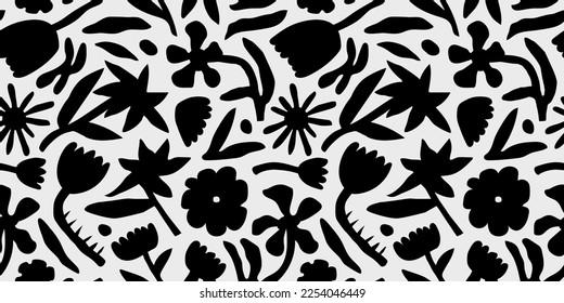 Black and white flower seamless pattern illustration. Children style floral doodle background, funny basic nature shapes wallpaper.