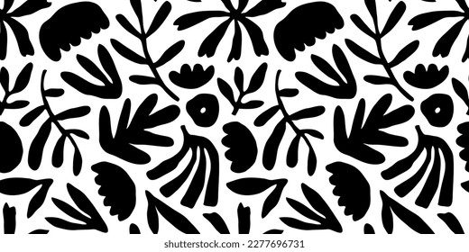 Schwarz-Weiß-Blume, nahtlose Mustergrafik. Die Kinder sind floraler, doodler Hintergrund, lustige, einfache Natur formt Tapeten.