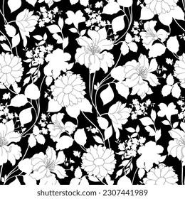 black and white flower seamless pattern on black background