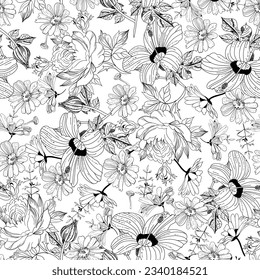 black and white flower seamless pattern on white background