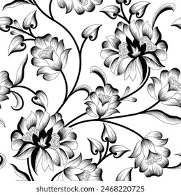 black and white flower seamless pattern on white background