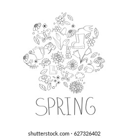 Black and white flower shape with spring and summer elements inside isolated on white background. Spring elements inserted in flower shape in doodle style with text.