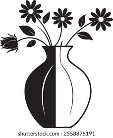 Black and white flower vase silhouette vector illustration.