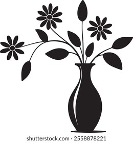 Black and white flower vase silhouette vector illustration.