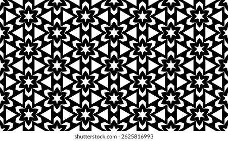 Black and White Flower Vector Seamless Pattern with Geometric Shapes.