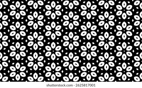 Black and White Flower Vector Seamless Pattern with Geometric Shapes.