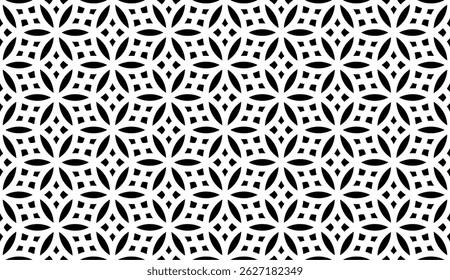 Black and White Flower Vector Seamless Pattern with Geometric Shapes.