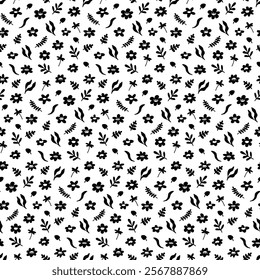 Black and white flowers. Abstract botanical pattern. Floral seamless print for fashion fabric, wear, textile, cover, case. Contrasting simple ornament for cutting template. bicolor petals background.