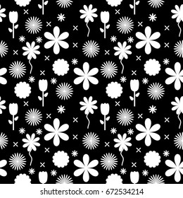 Black and white flowers background seamless pattern. Vector illustration.