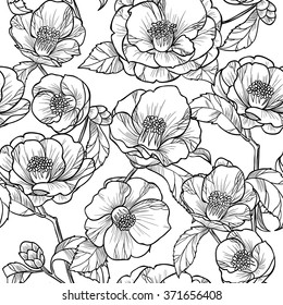 Black and white flowers camellia.Vector seamless pattern