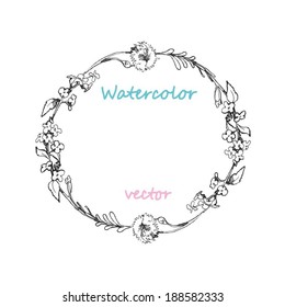 Black and white flowers in a circle on a white background, vector