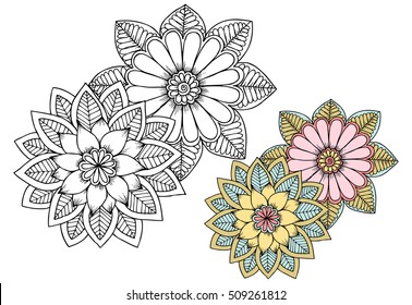 Black and white flowers as design element. Can use for coloring book and print