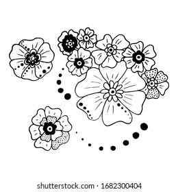 Black And White Flowers Doodle Sketch. Hand-Drawn Isolated Illustration On White Background. Flowers For Coloring Book, Coloring Page, Design, Holiday And Birthday Card.