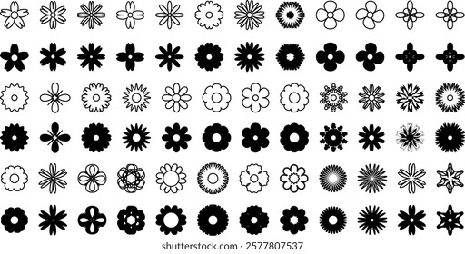 Black and white Flowers elements collection flat icon set