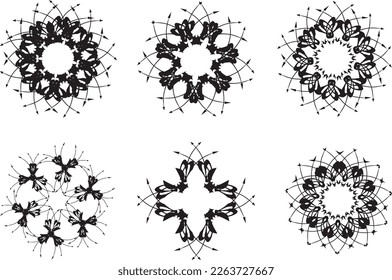 Black and White flowers or frames with arrows elements for prints and tattoos. Geometric floral motifs in the form of snowflakes for decorative compositions, fabric, textiles, emblems, stickers, etc.