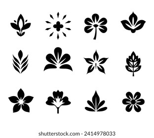 black and white flowers icon set illustration