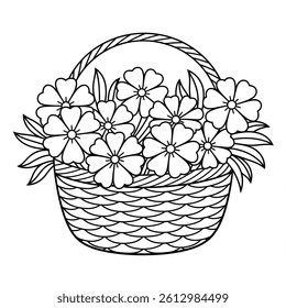 A black and white flowers inside the basket illustration line art of a coloring page