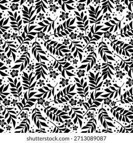Flores blancas y negras y patrón de hojas sin costuras para el Fondo de pantalla textil de la tela.