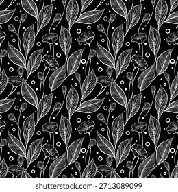 Black and white flowers and leaf seamless pattern for fabric textile wallpaper.