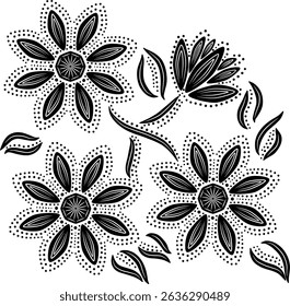 Black And White Flowers And Leaves Design Pattern. Can be used for embroidery, fabric, cushion, carpet, card, cover, wall art or to create repetitive patterns for gift wrap, curtains, wallpaper etc.