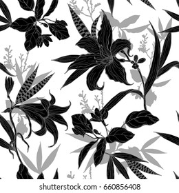 Black and white flowers with leaves silhouette pattern on a white background.