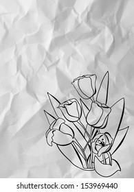 black and white flowers on a background of crumpled paper